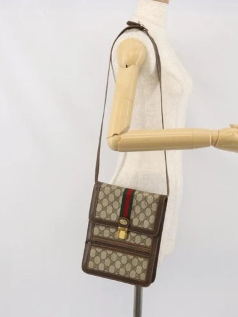 GUCCI GG Supreme Web Sherry Line Shoulder Bag PVC Beige Red Auth ti3724 - Picture 14 of 16